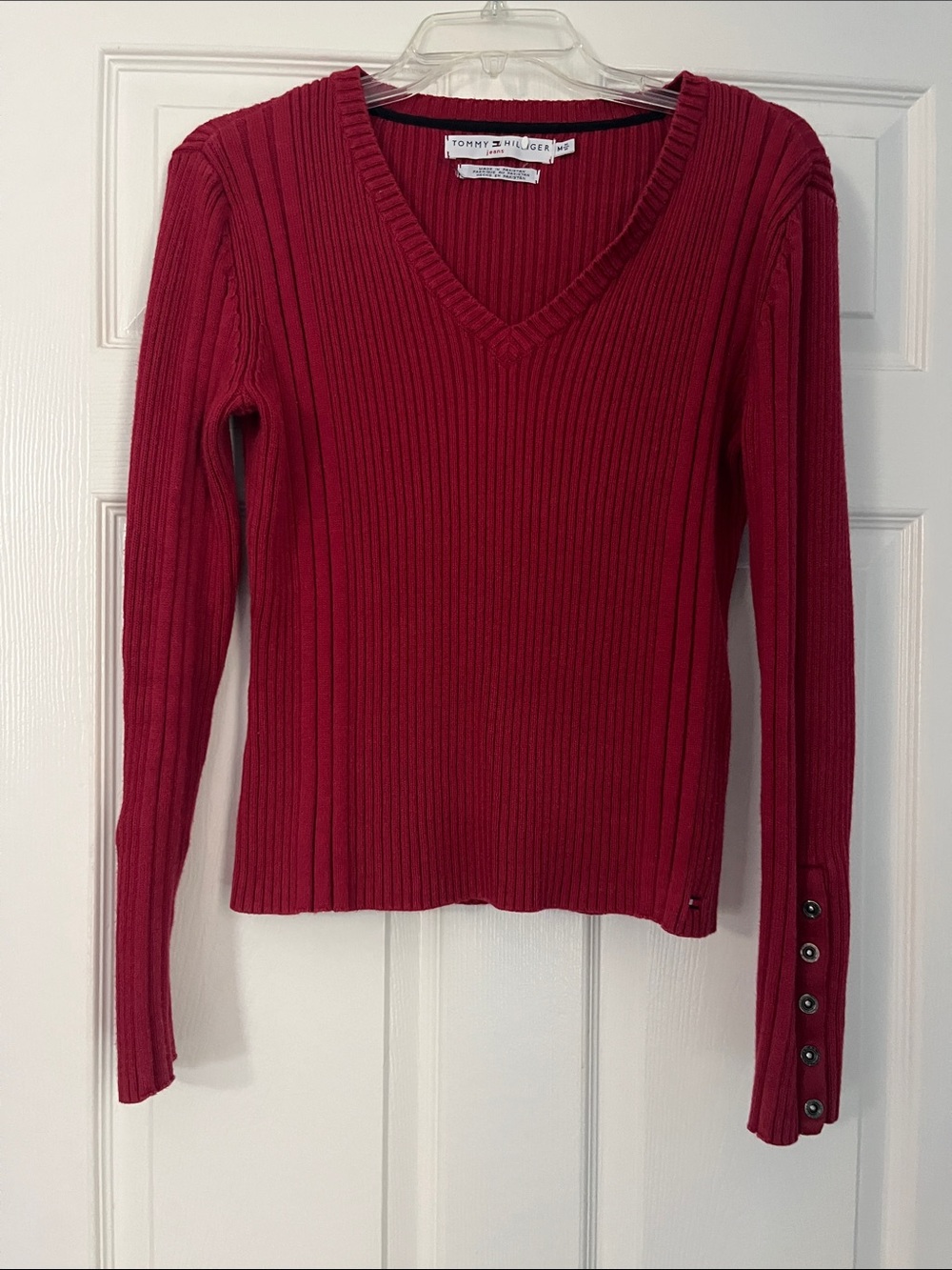 Tommy Hilfiger Women's Red Ribbed V-Neck Sweater with Button Cuffs
